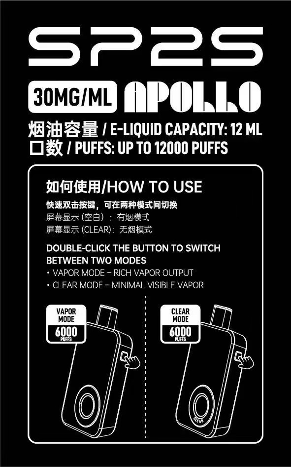 SP2S Apollo 12000口拋棄式|雙模式無煙霧黑科技台灣現貨-A (買 10 送 1):圖片 2